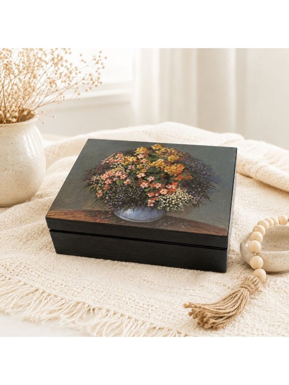 Vintage Black Wooden Jewelry Box With Floral Top And Red Velvet Interior 8"x5"x3
